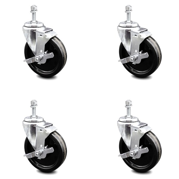 5 Inch Phenolic Wheel Swivel 3/8 Inch Threaded Stem Caster Set with Brake SCC